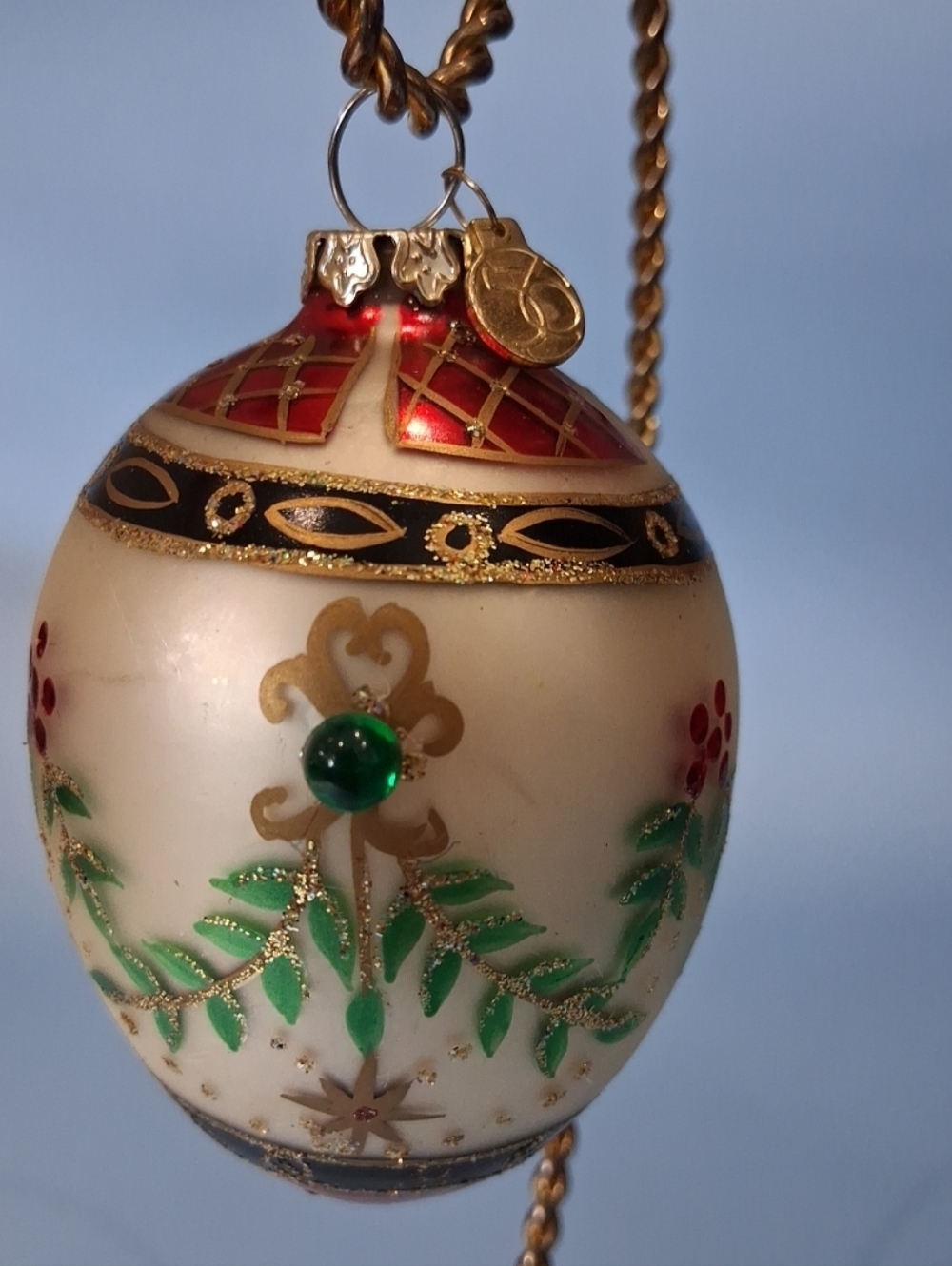 Vintage DEPT 56 Glass Handpainted Jeweled / Glitter Egg Shaped Holiday Ornament
